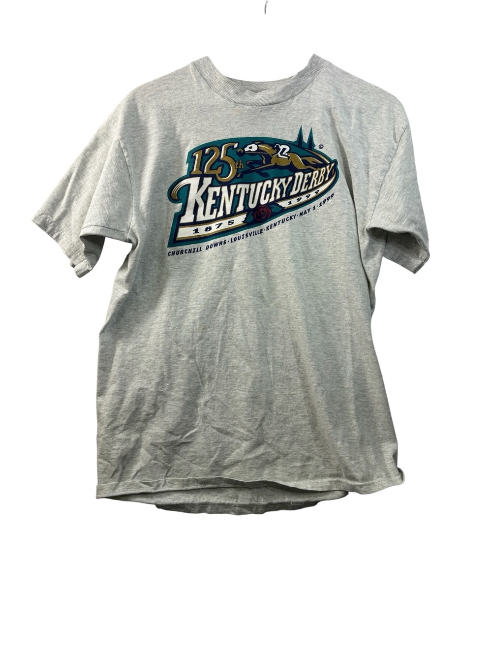 1999 125th Kentucky Derby Shirt Size Large Light Grey Graphic Tee Vintage Flaw